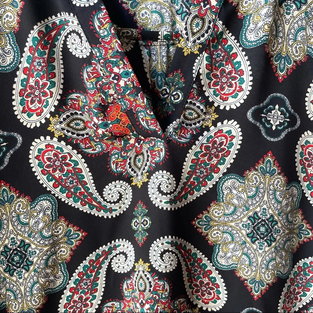 Alice Blue Black Multicolor Paisley Floral Print Split Neck Long Sleeve Top - Picture 10 of 14